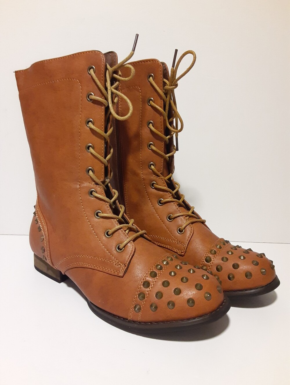 Studded Toe & Heel Combat Military Boots Cognac Faux Leather Fashion Womens 8